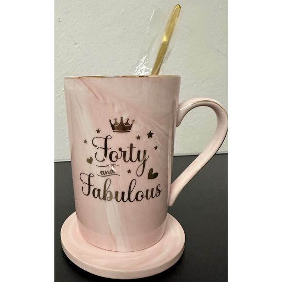 YHRJWN Forty and‎ Fabulous Mug Cup with Coaster and Spoon Pink Marble and Gold - Picture 1 of 6